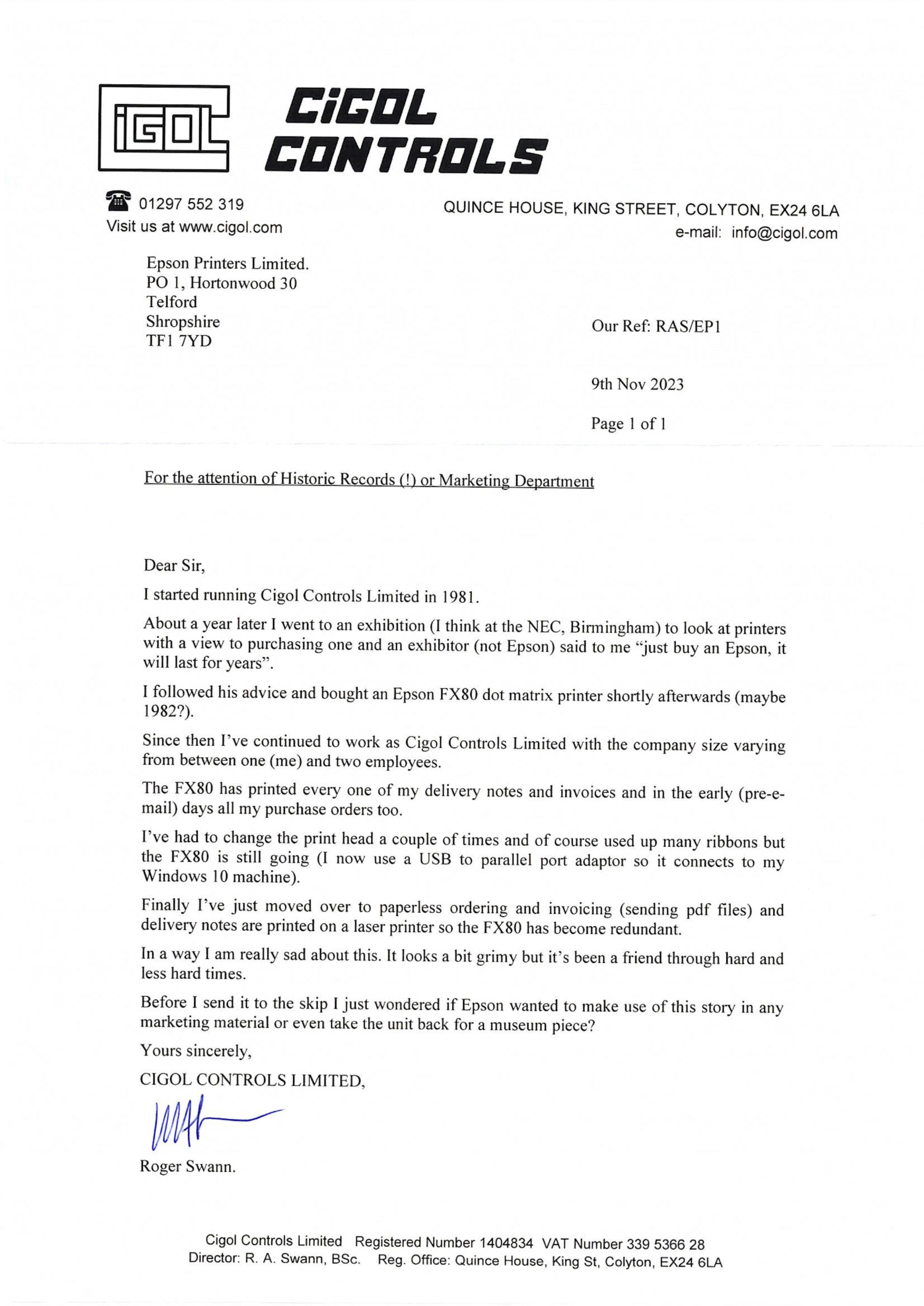 A Unique Video Project for Epson 2 Cigol Controls letter to Epson